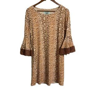 Judith March Womens Tan Giraffe Print Bell Long Sleeve Crochet Trim Dress Medium